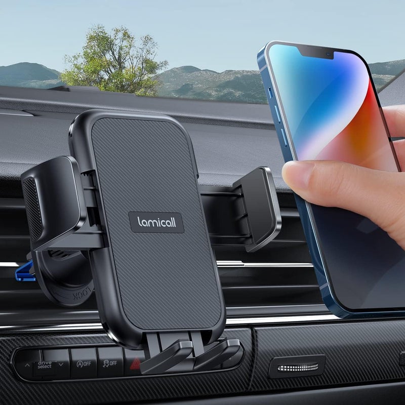 Lamicall 2025 Wider Clamp & Metal Hook Car Phone Holder Vent [Thick Cases Friendly] Phone Holders for Your Car Mount Automobile Hands Free Cradle Air Vent for iPhone 17 16 15 Pro Max Dark Grey - Image 1